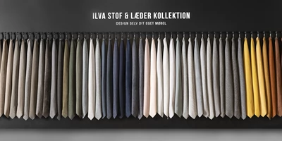 Vägg med olika tygprover från en tyg- och läderkollektion.