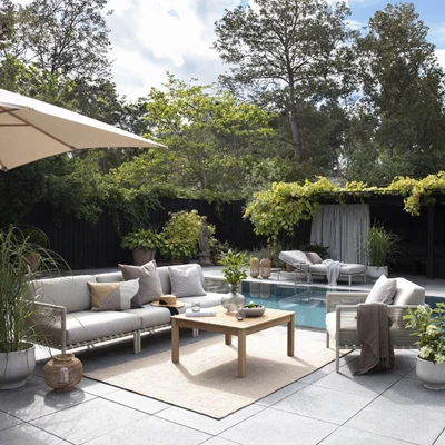 Modern terrass med loungemöbler vid pool i trädgården