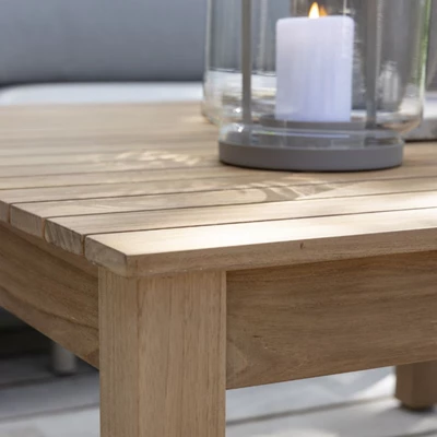 Närbild av ett träbord med en glaslykta med stearinljus på en överbyggd terrass