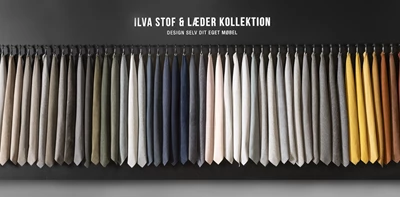 Färgglad kollektion av tyg- och läderprover upphängda på en mörk vägg, med text som uppmanar till att designa din egen möbel
