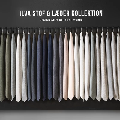 Färgglad kollektion av tyg- och läderprover upphängda på en mörk vägg, med text som uppmanar till att designa din egen möbel