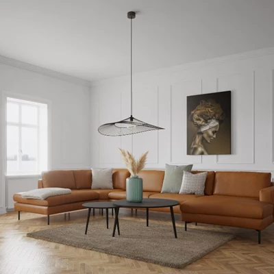 Brun chaiselongsoffa med pendel och soffbord