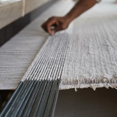Närbild på hand som väver grå matta med traditionell teknik.