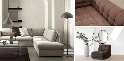 Collage med olika typer av soffor och en fåtölj i brun, röd och grå