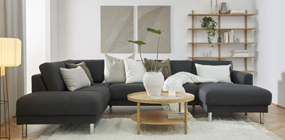 Vardagsrumsmiljö med en mörk schäslongsoffa på en vit matta tillsammans med ett soffbord, en bokhylla i trä och tavlor på väggen.