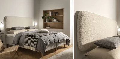 Moderna sovrum med grå säng och flätad stol i naturmaterial