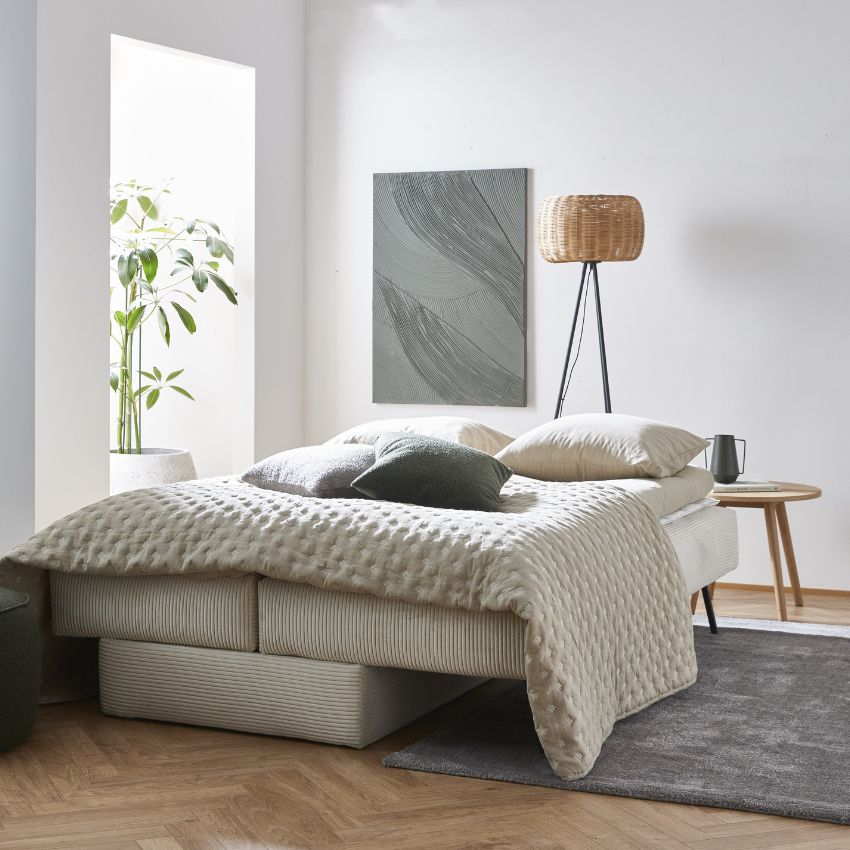 Ljus bäddsoffa utfälld som säng, dekorerad med mjuka kuddar och ett mönstrat överkast. Ett minimalistiskt inredning med ett träbord och en växt i hörnet bakom sängen.