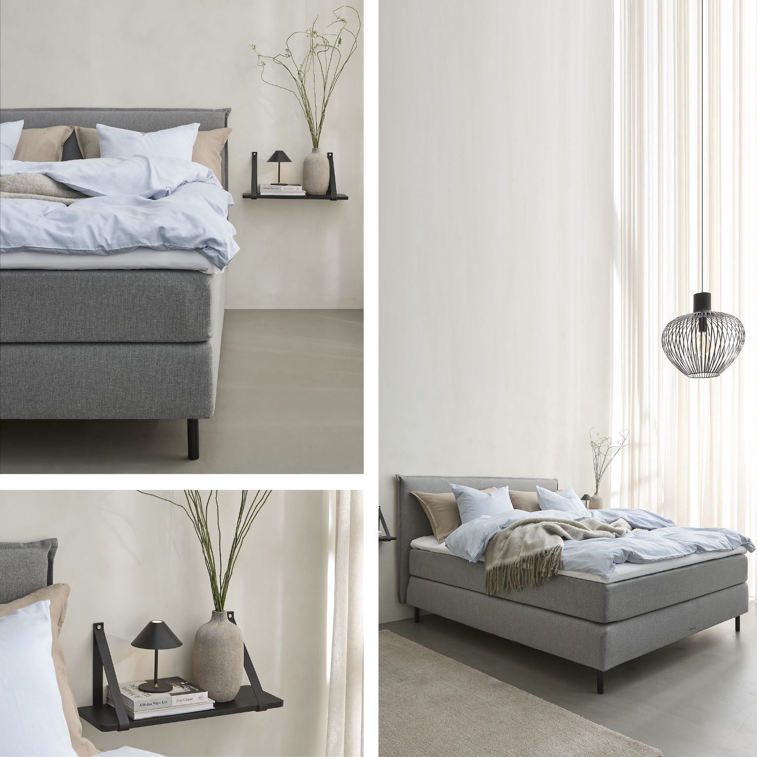Collage med kontinentalsäng i grå. Här syns sängen både i sin helhet, närbilder och hur den kan inredas med en hylla bredvid