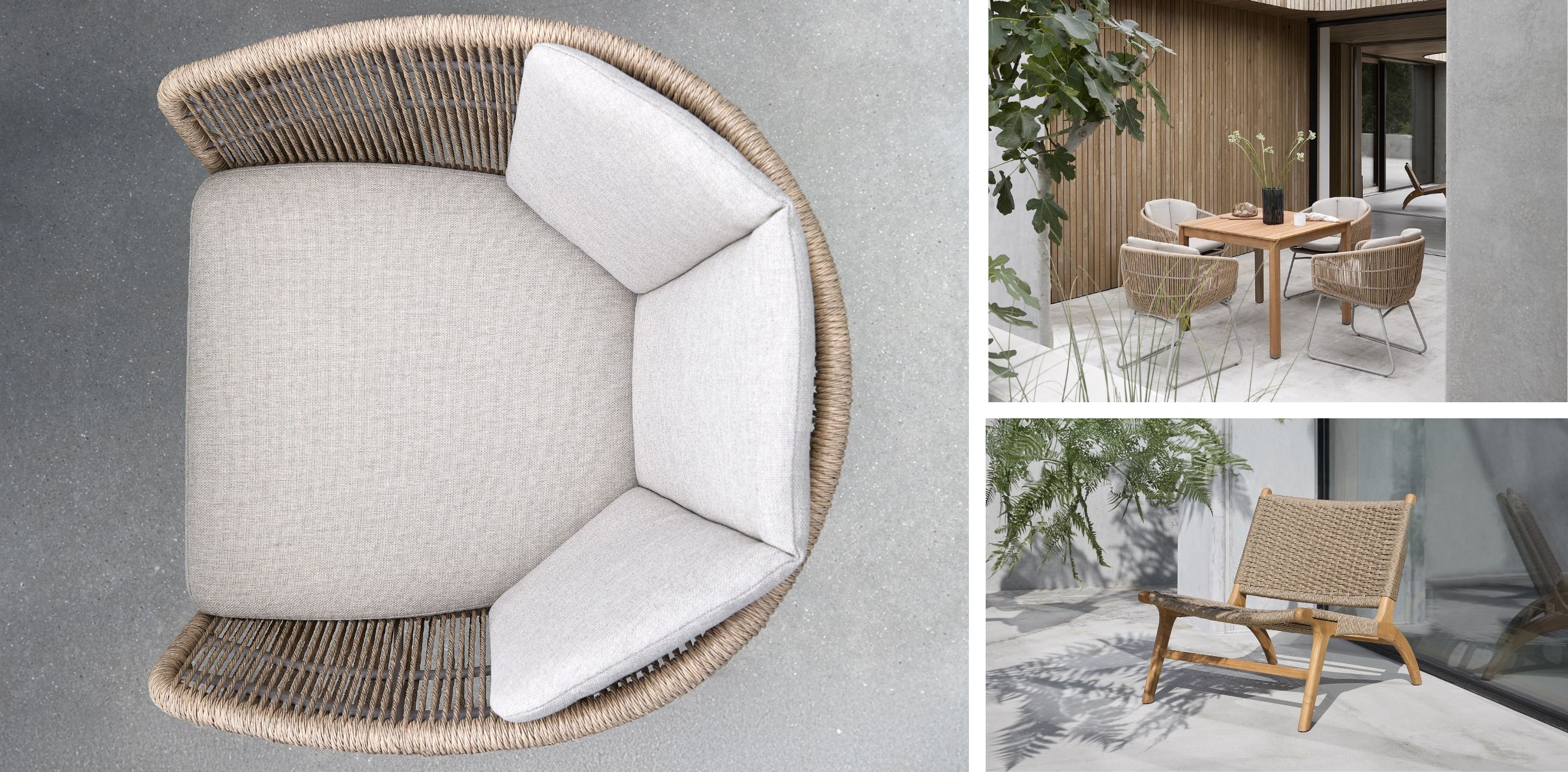 Collage med olika trädgårdsmöbler i sandfärger