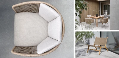 Collage med olika trädgårdsmöbler i sandfärger