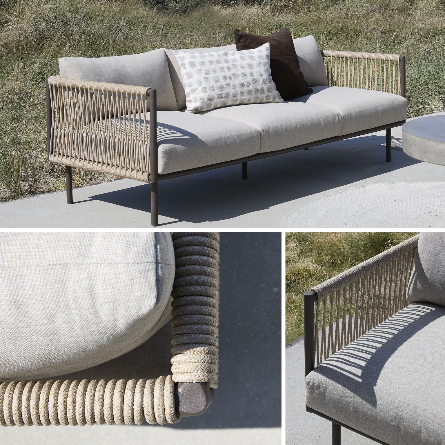 Havemöbler med grå dynor i olefin och sits och rygg i flätat design