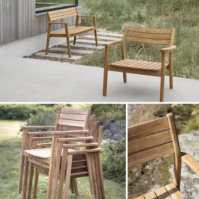 Trädgårdsstolar, loungefåtölj och trädgårdsbänk i teak