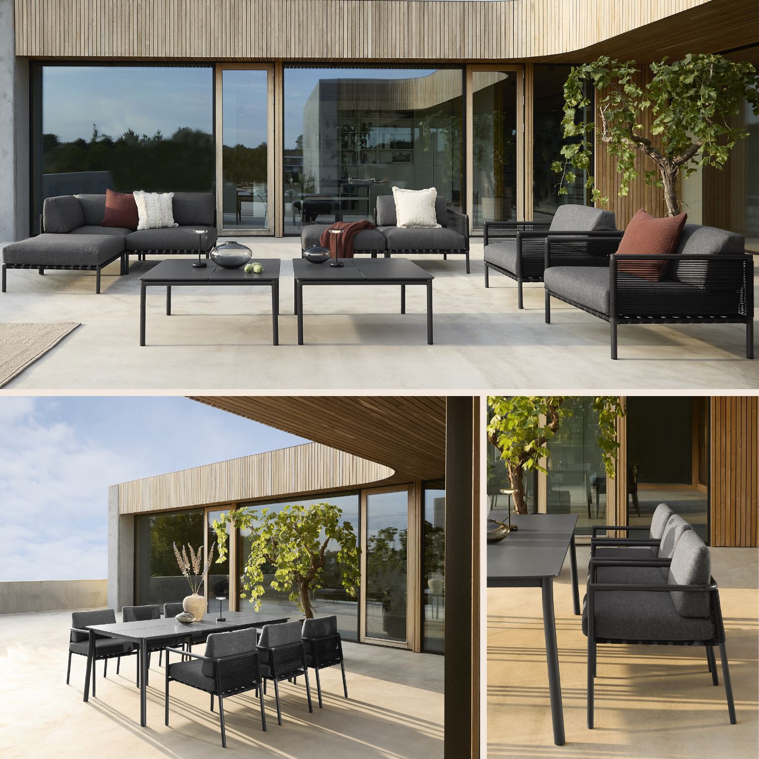Mörka trädgårdsmöbler på en terrass med trädetaljer.