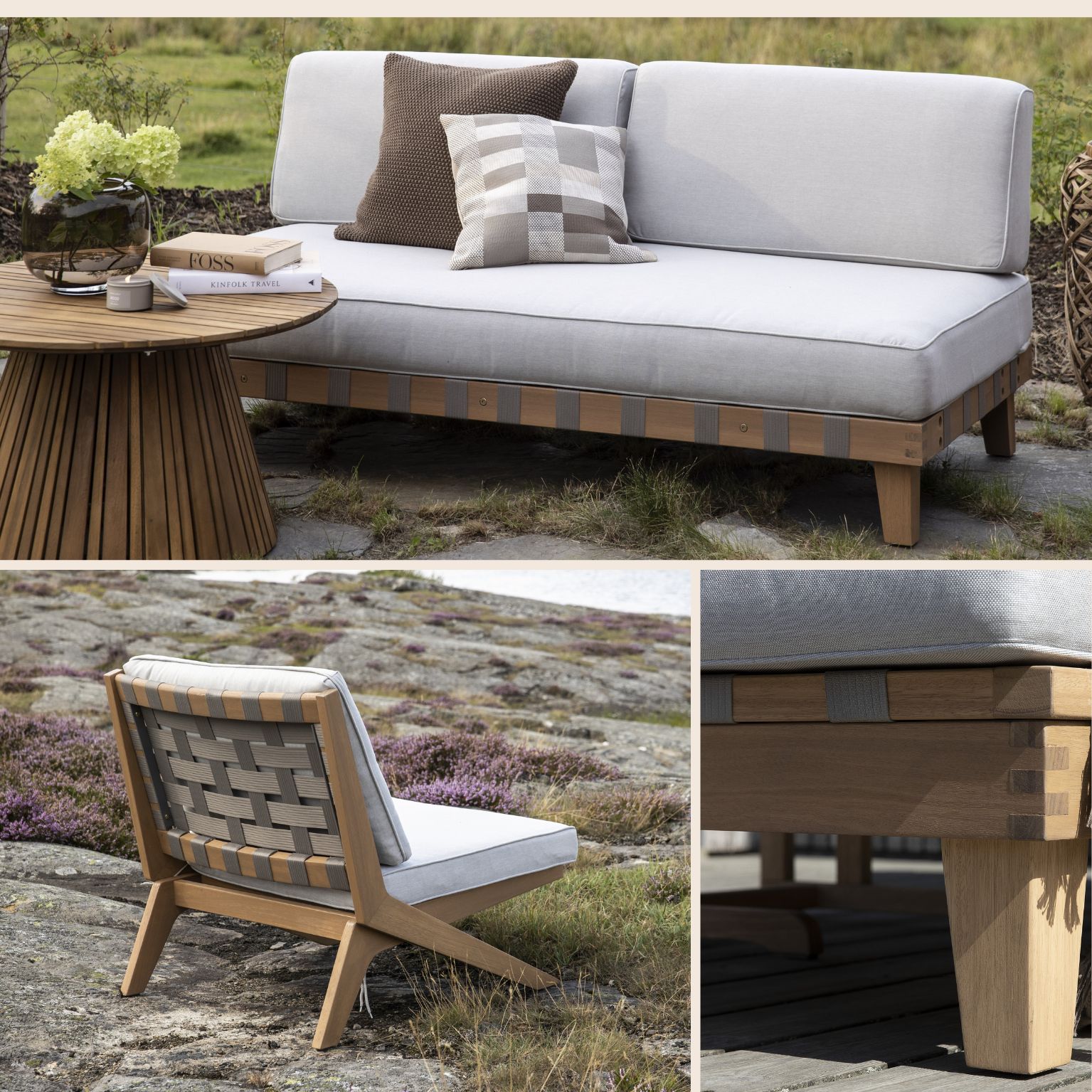 Robuste havemøbler i eukalyptustræ og med grå havehynder. Møblerne står i et goldt landskab