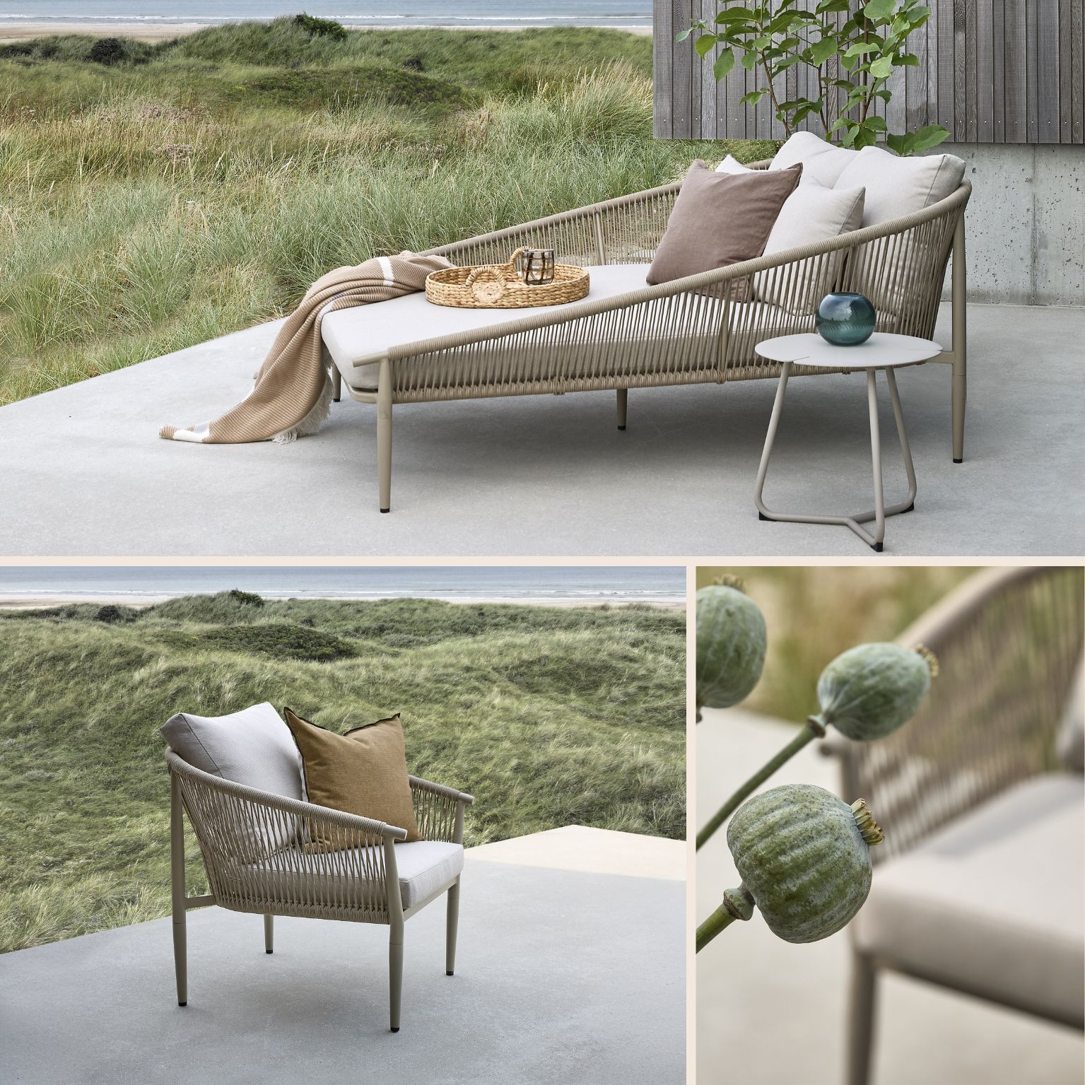 Trädgårdsmöbelserie i grått med tråddesign i sidorna. Serien består av en dubbel solsäng och en trädgårdsstol med böjd form.