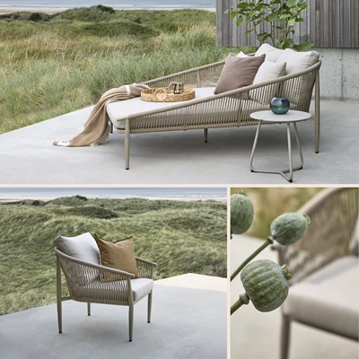 Trädgårdsmöbelserie i grått med tråddesign i sidorna. Serien består av en dubbel solsäng och en trädgårdsstol med böjd form.