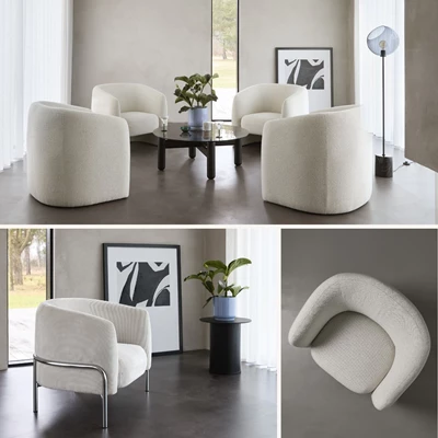 Kollage av Loom loungestolar, både i helklädd och slank ram-design, arrangerade i en cirkel kring ett soffbord i en modern interiör.