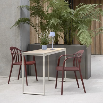 Högt och avlångt trädgårdsbord med två röda trädgårdsstolar