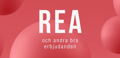 udsalg-top-mob.jpg Röd bakgrund med stora, ljusröda bollar och vit text i mitten som lyder "REA och andra bra erbjudanden", vilket annonserar en rea och andra bra erbjudanden.