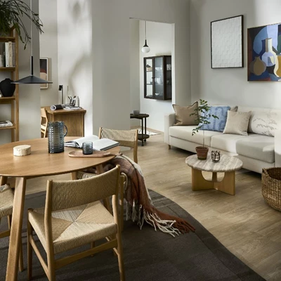 Inblick i vardagsrum med både matbord, bäddsoffa, soffbord, vitrinskåp och annan hemtrevlig inredning.