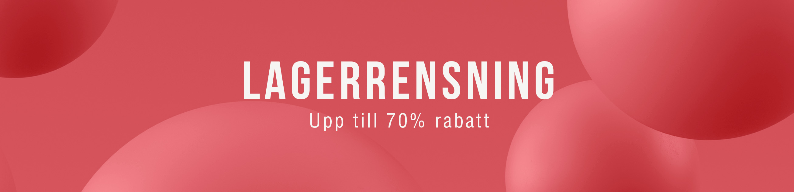 Röd kampanjgrafik med texten “Lagerrensning – upp till 70 % rabatt” i vitt og rosa på en baggrund med runde former.