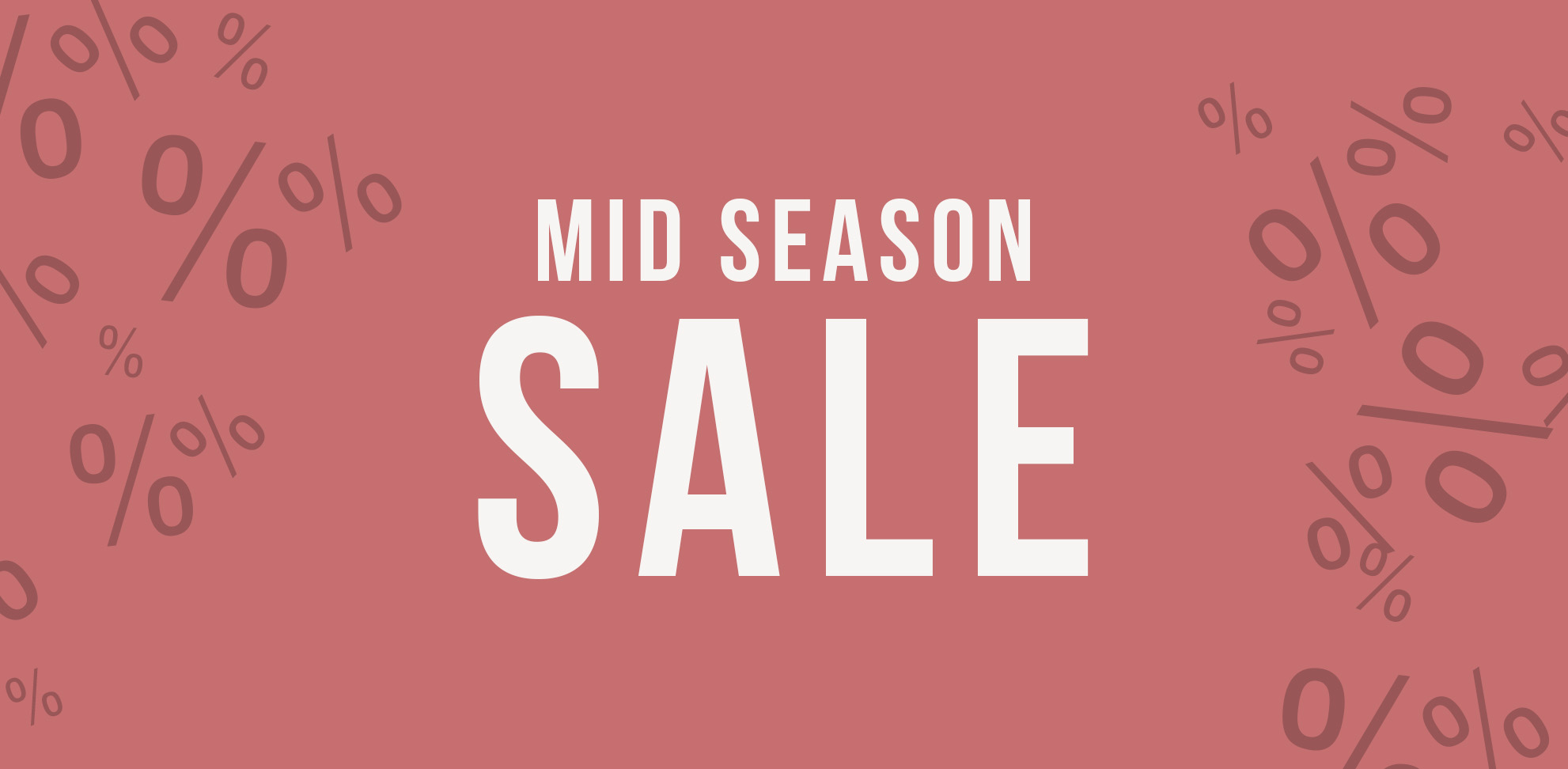 Banner i rött med texten ”Mid Season Sale” och procenttecken.