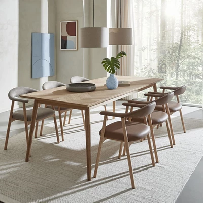 Matrumsmiljö med matbord i trä och 6 matstolar runtom