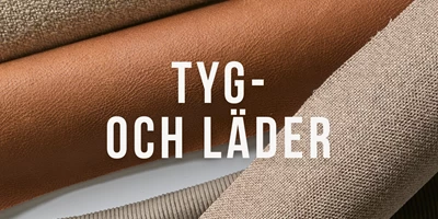 signatur-sofa-stof-og-laederkollektion-se.jpg Närbild av textilier och läder med texten "Tyg och läder"