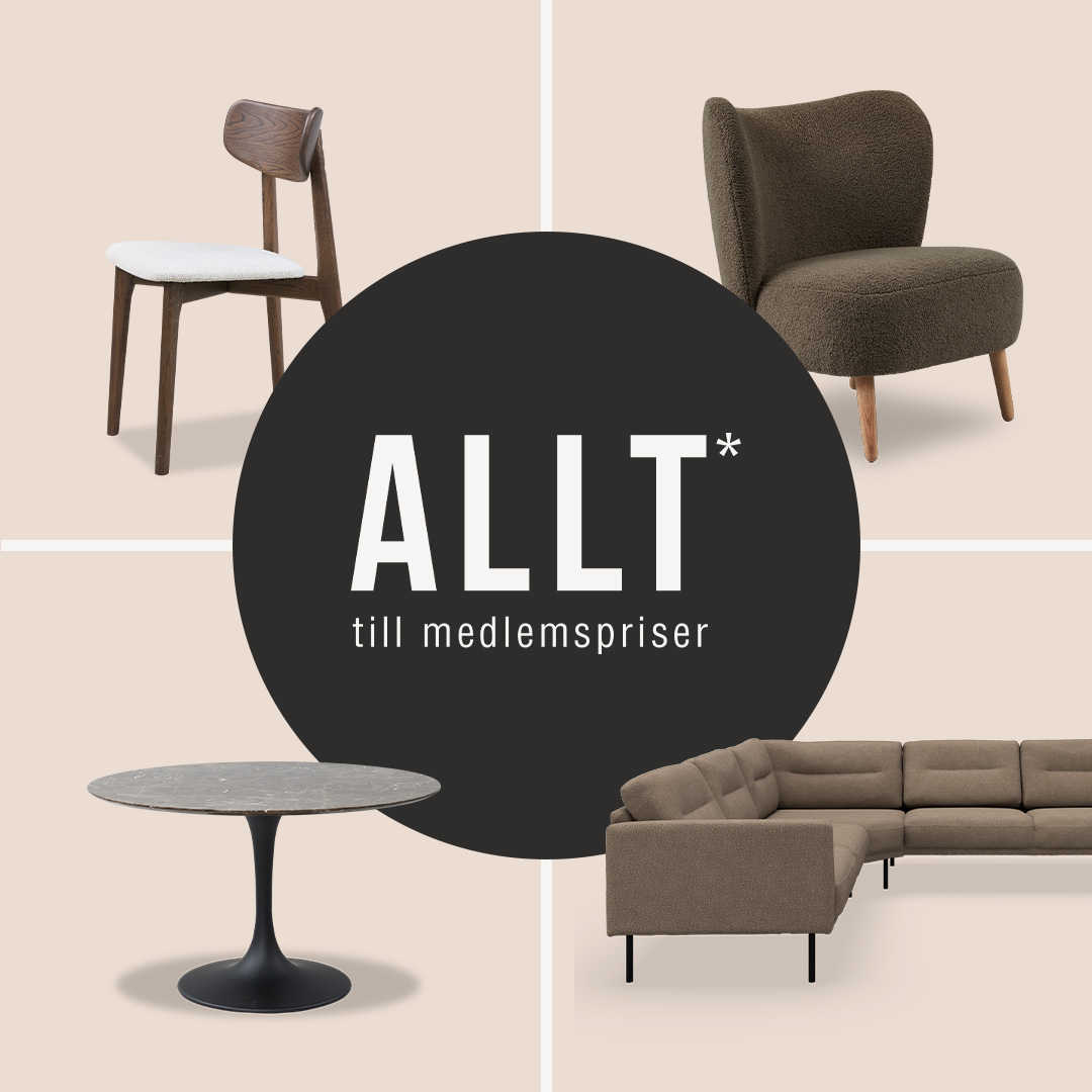 Möbler som stol, fåtölj, soffa och bord med texten "Allt till medlemspriser" i svart cirkel.