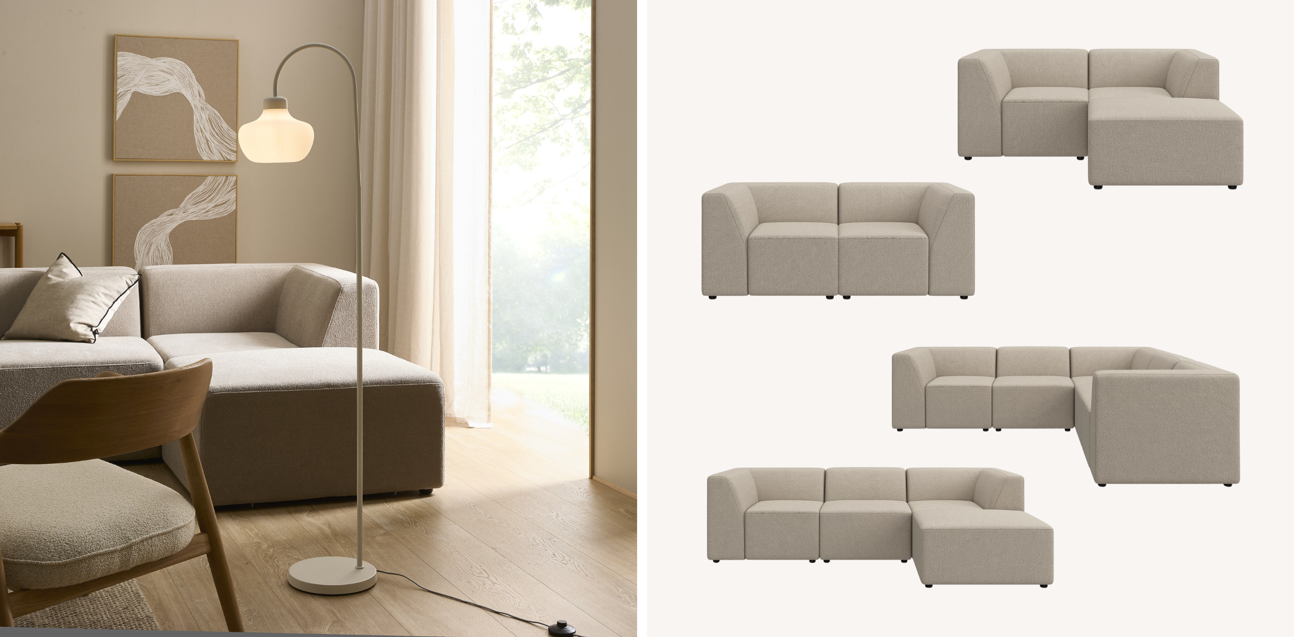 ld med inblick i vardagsrum samt frilagda bilder av olika uppställningar av grå modulsoffor.