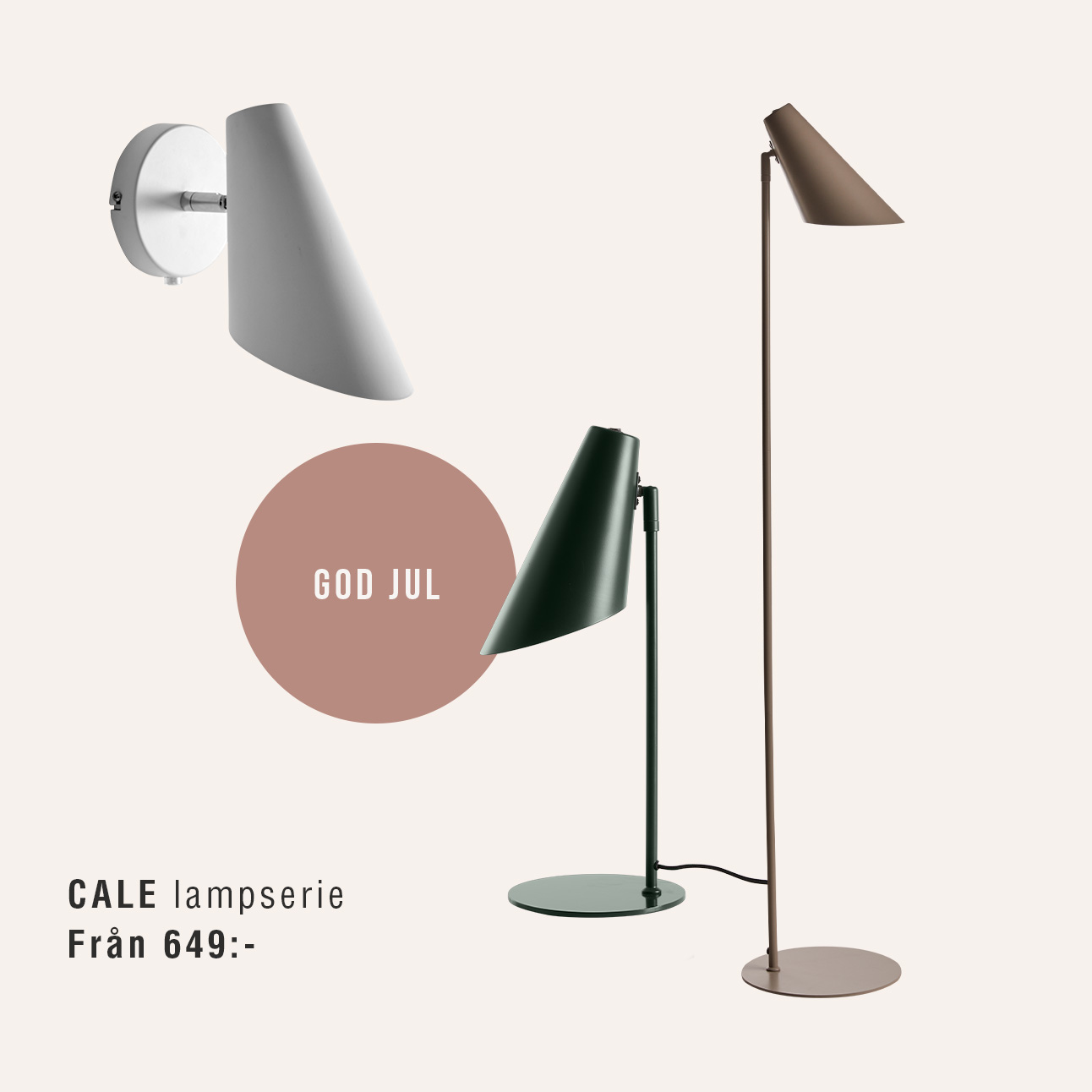 Lampserie bestående av golvlampa, vägglampa och bordslampa mot beige bakgrund.