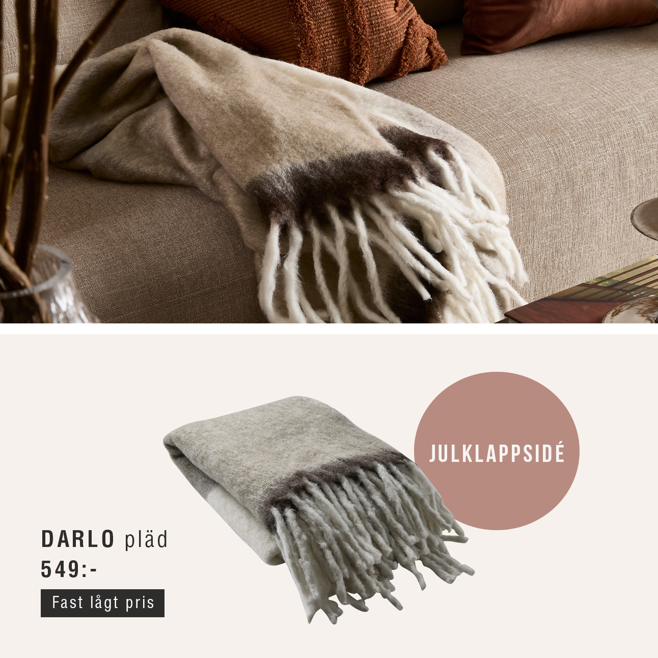 Collage med pläd i grågrönt tyg.