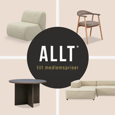 Modern möbelcollage med fåtölj, stol, soffbord och hörnsoffa kring texten “ALLT till medlemspriser” i en stilren layout.