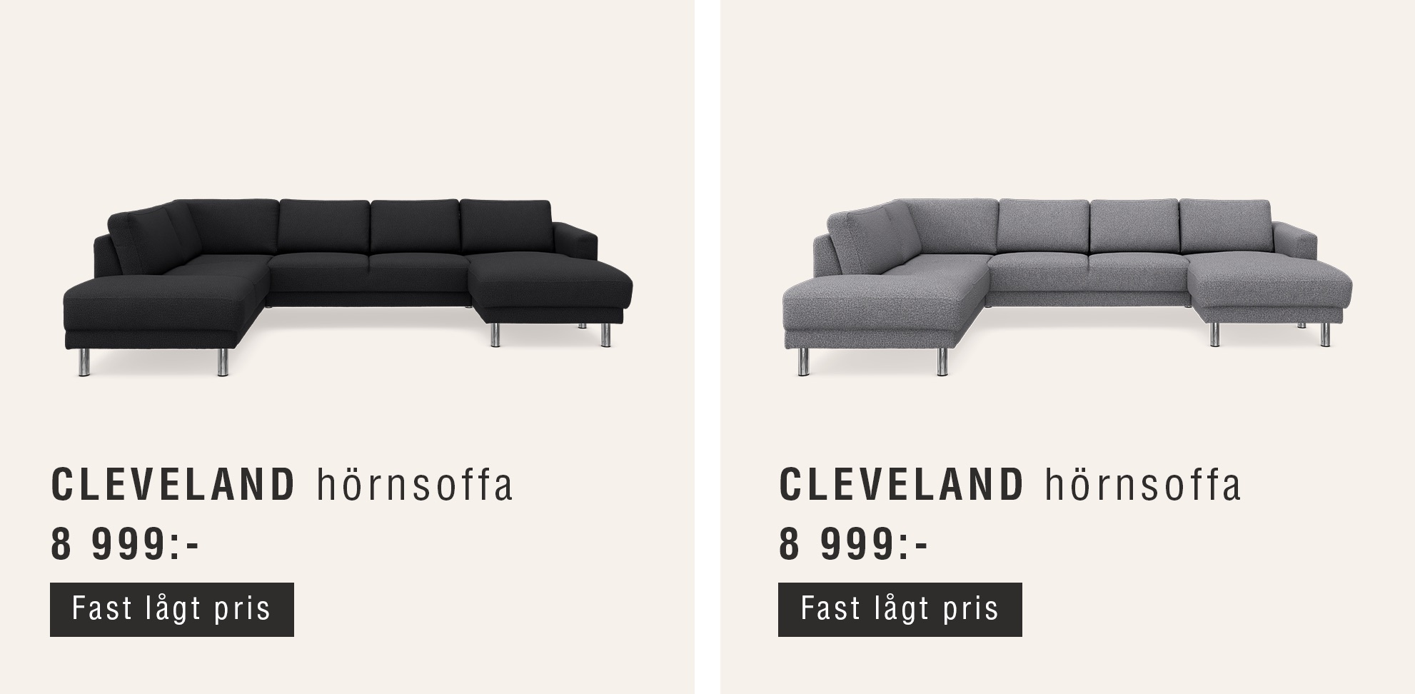 Två divansoffor i svart och grått mot beige bakgrund