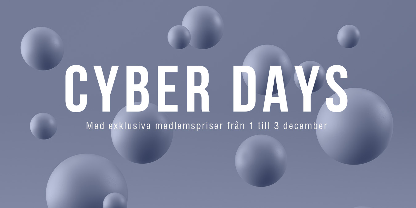 Reklambild för Cyber Days med svävande 3D-kulor och erbjudande om exklusiva medlemspriser 1–3 december.