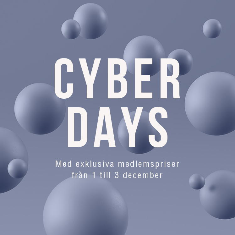 Reklambild för Cyber Days med svävande 3D-kulor och erbjudande om exklusiva medlemspriser 1–3 december.