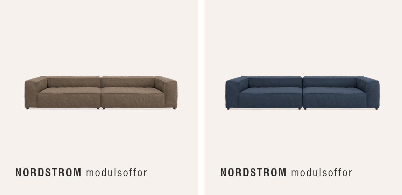 Två djupa soffor i taupe och blått mot beige bakgrund