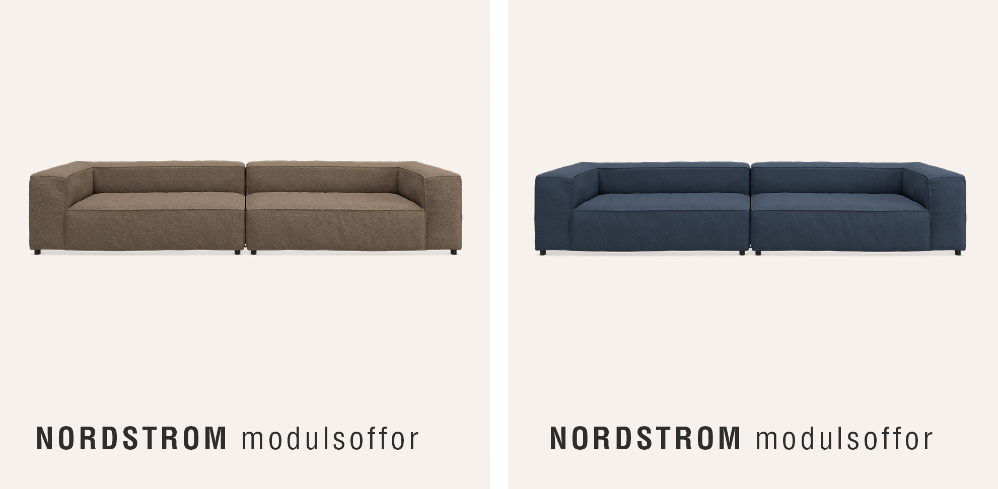 Två djupa soffor i taupe och blått mot beige bakgrund