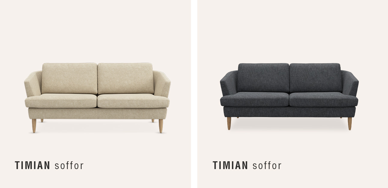 Två 3-sits soffor i vitt och blått mot beige bakgrund