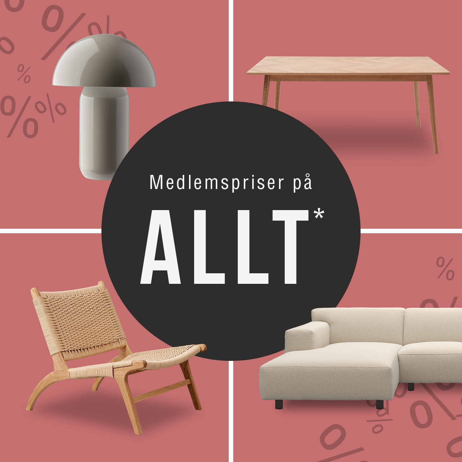 Medlemspriser på möbler och inredning med soffa, träbord, fåtölj och bordslampa i skandinavisk design på kampanj.