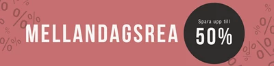 Mellandagsrea-banner i rosa med tydlig text och kampanjbudskap, spara upp till 50 % på möbler och inredning.
