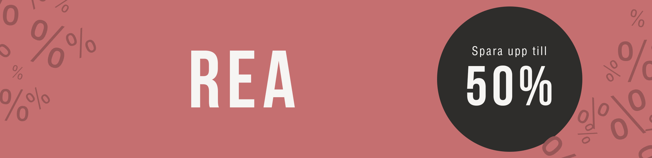 rea-banner i rosa med tydlig text och kampanjbudskap, spara upp till 50 % på möbler och inredning.