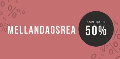 rea-banner i rosa med tydlig text och kampanjbudskap, spara upp till 50 % på möbler och inredning.
