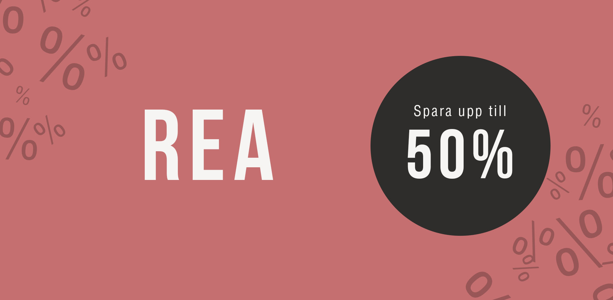 rea-banner i rosa med tydlig text och kampanjbudskap, spara upp till 50 % på möbler och inredning.