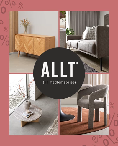 Skandinaviska vardagsrumsmöbler med träskänk, grå soffa, runt soffbord och stoppad fåtölj, marknadsförda med texten allt till medlemspriser
