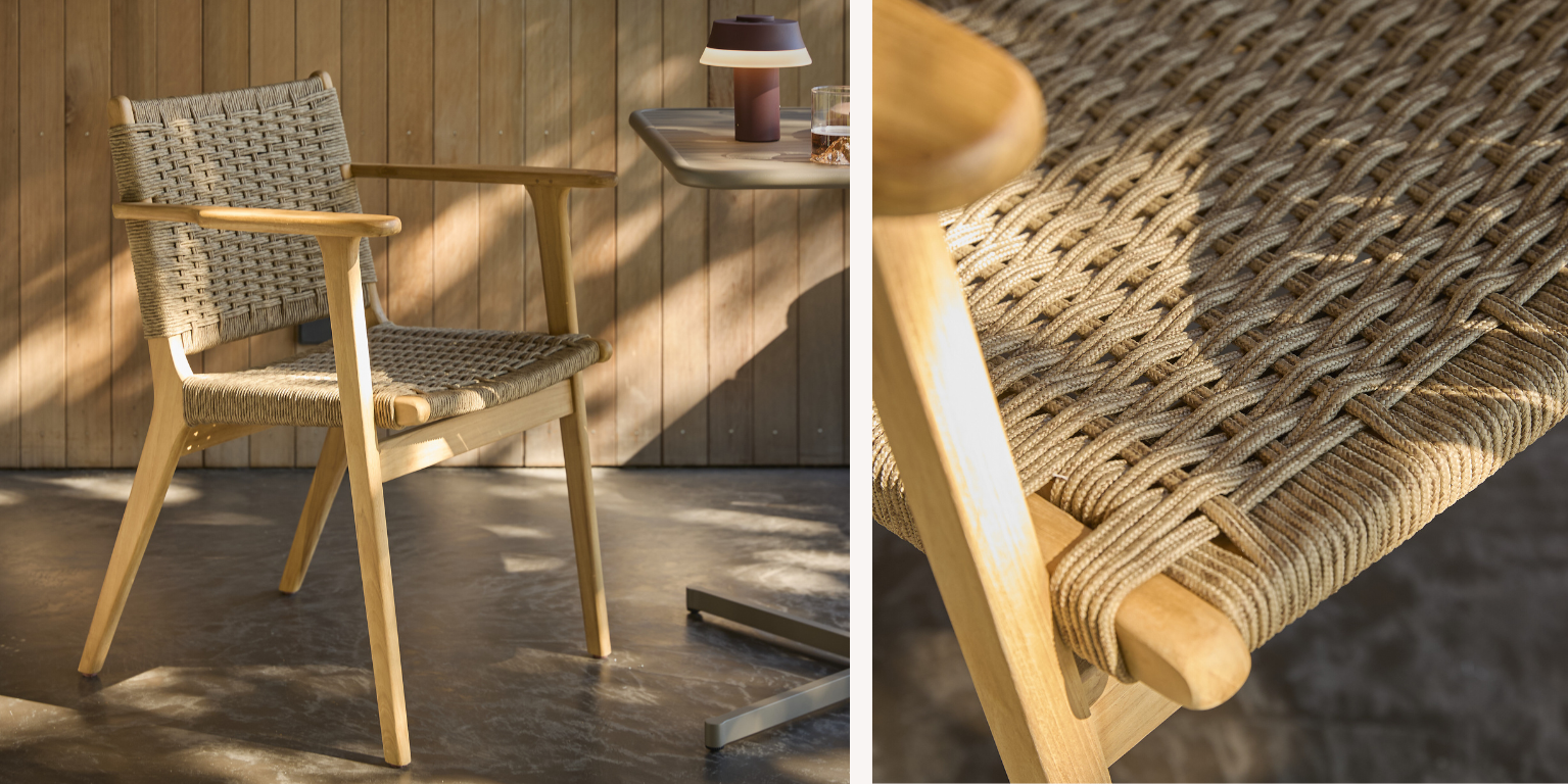 Trädgårdsstol med trästomme och flätad sits och rygg.