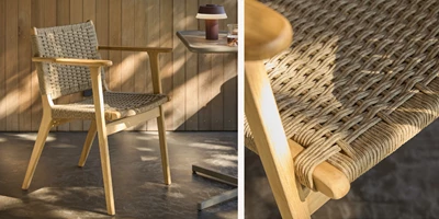 Design Uden Navn 2026 01 15T131929.738 Trädgårdsstol med trästomme och flätad sits och rygg.