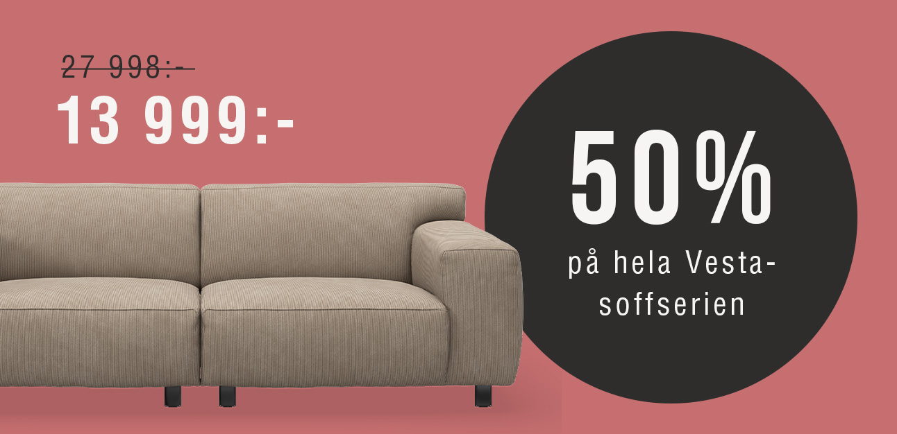 Grafik med kampanjbudskap om 50 % på vesta hörnsoffa