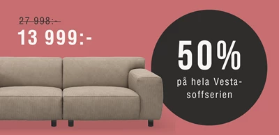 Grafik med kampanjbudskap om 50 % på vesta hörnsoffa