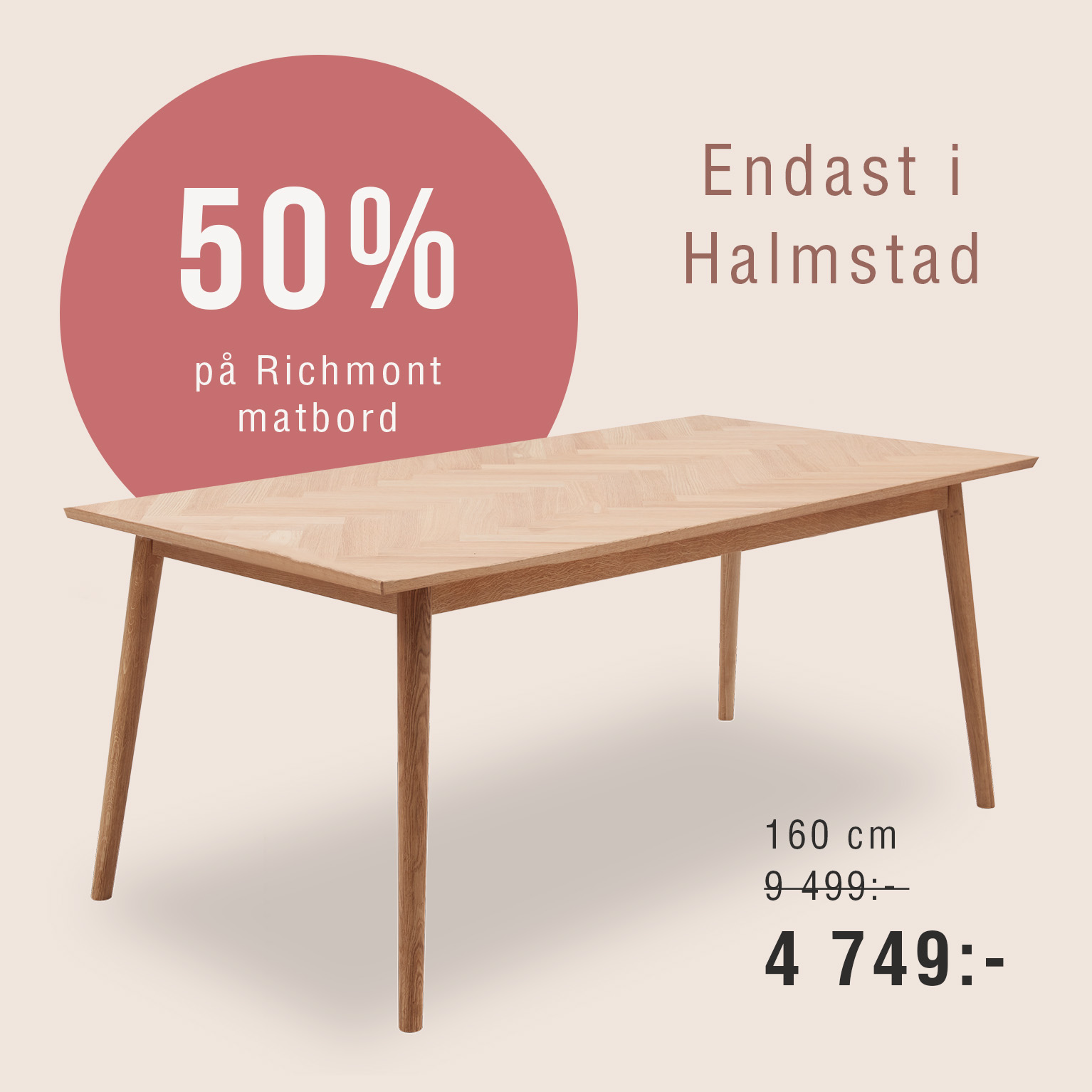 Matbord med grafiskt budskap om 50 %